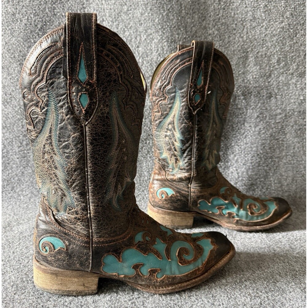 Corral A2416 Brown Leather Turquoise Embroidered Western Boots 9.5 M Square